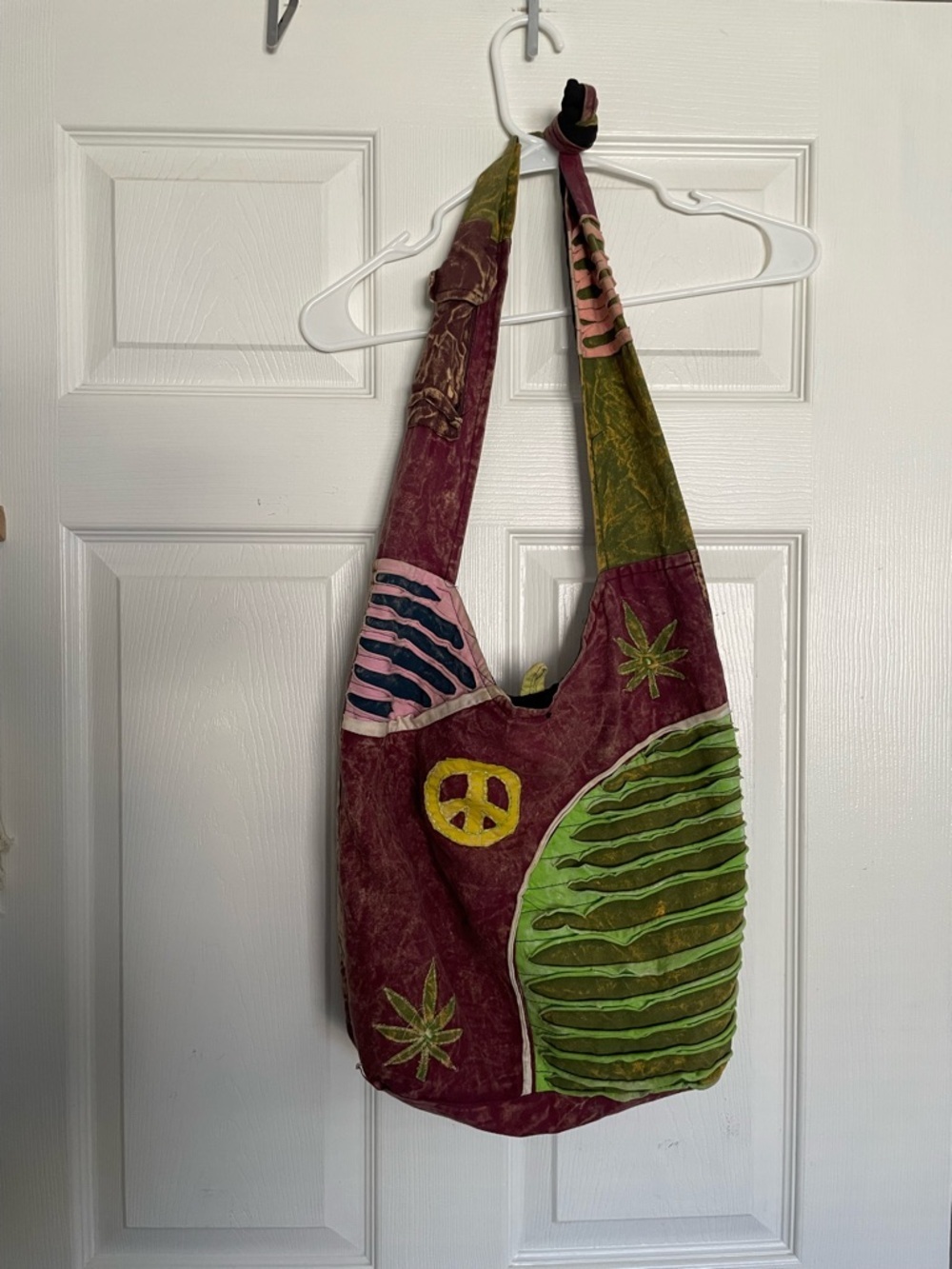 Bohemian Patchwork Sling Bag in Burgundy and Olive Peace&Hemp Signs 100% Cotton
